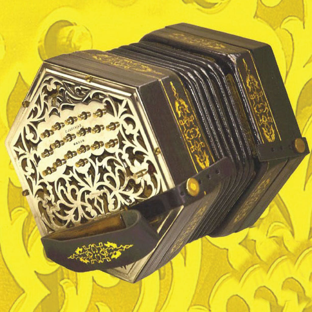 Picture of an Anglo concertina on a yellow background