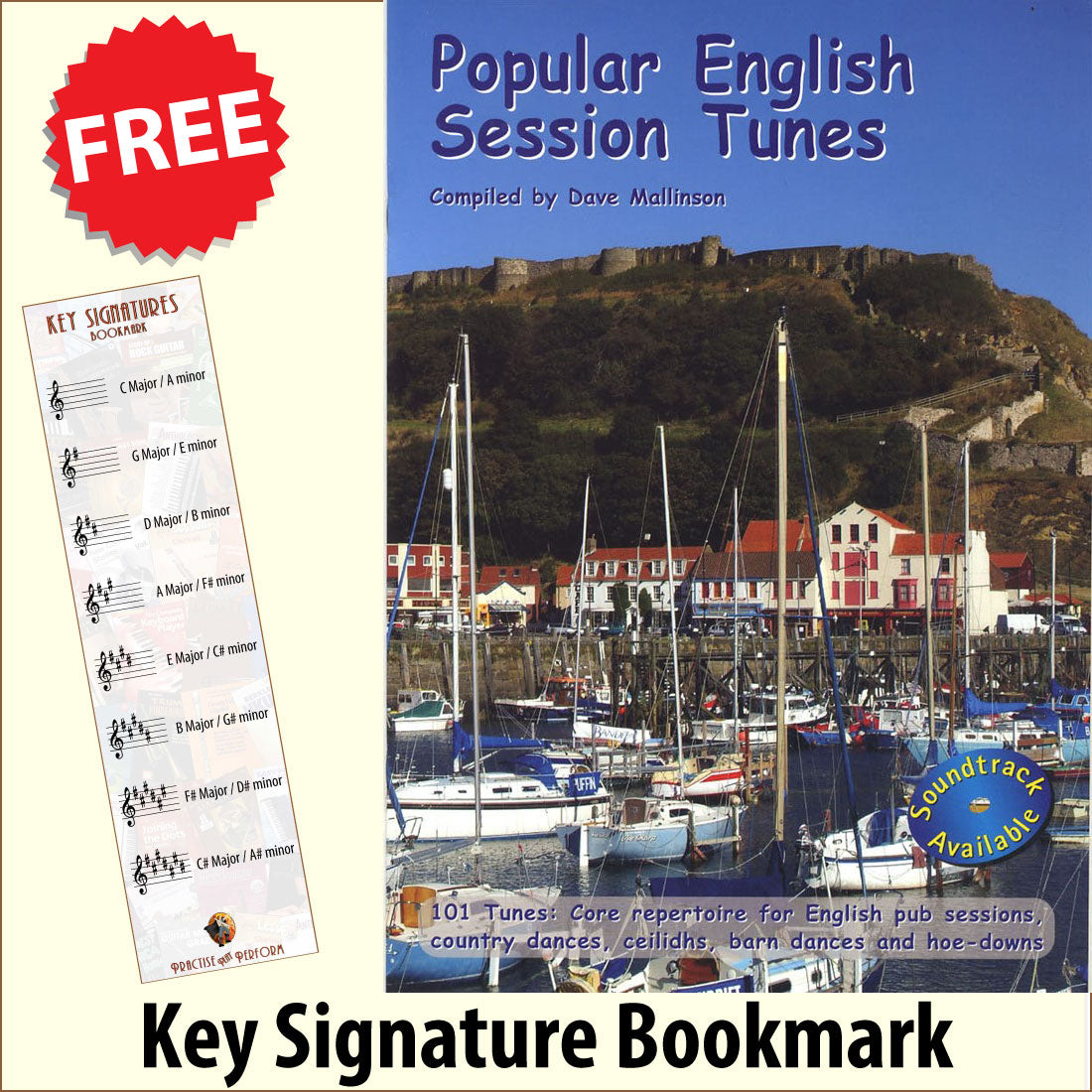 front cover of Popular English Session Tunes Music Book together with free Treble Clef bookmark