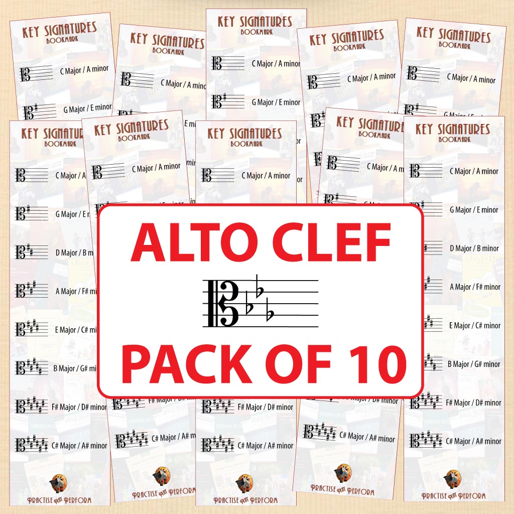 10 Alto clef bookmarks on a wood effect background