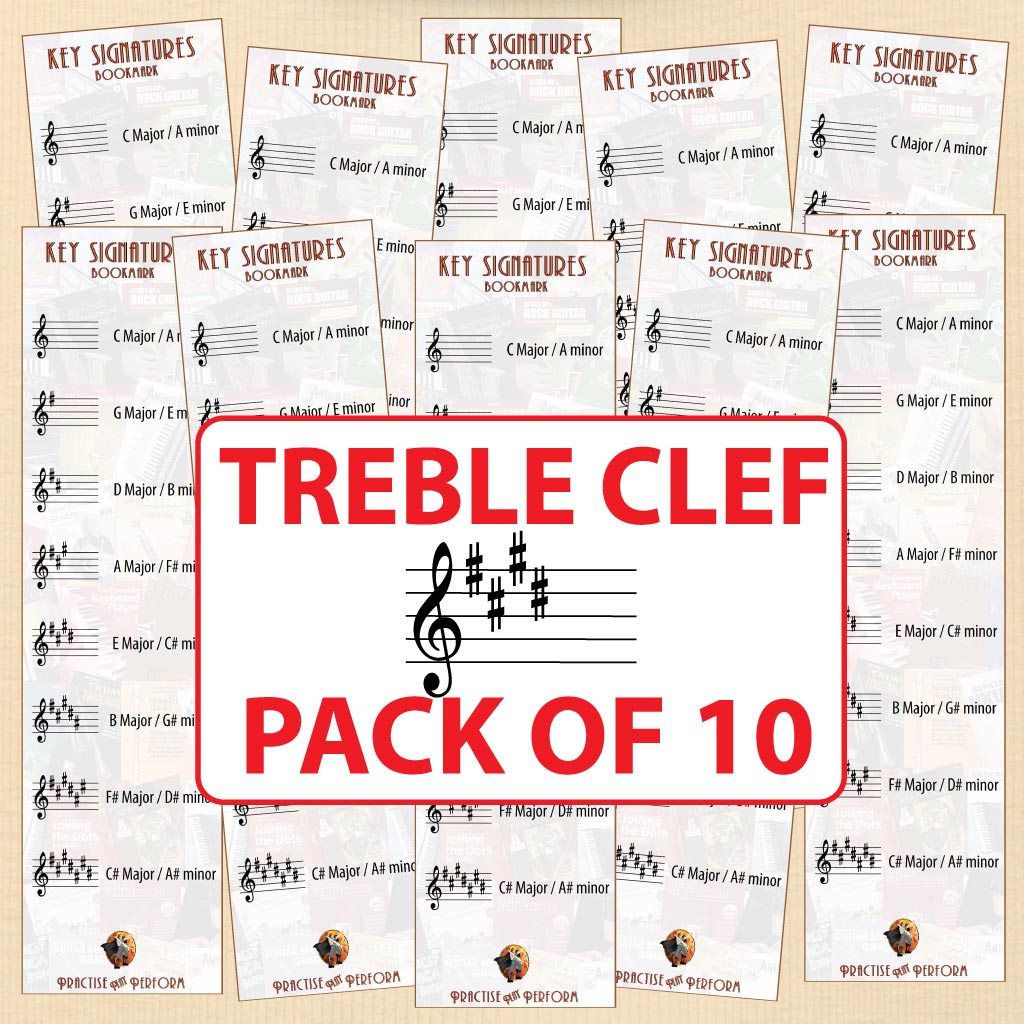 10 treble clef bookmarks on a wood effect background