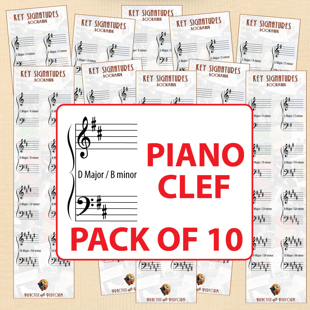 10 piano clef (grand staff) bookmarks on a wood effect background