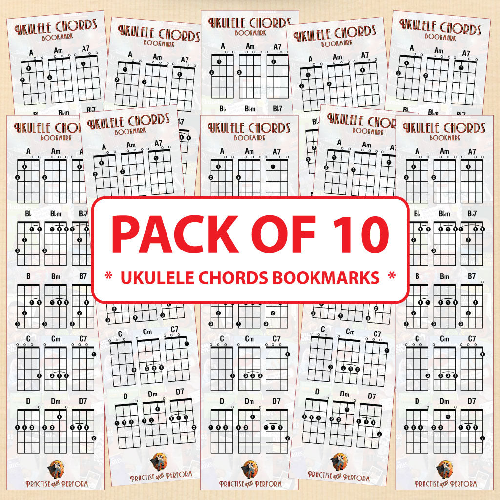 10 ukulele chord bookmarks on a wood effect background