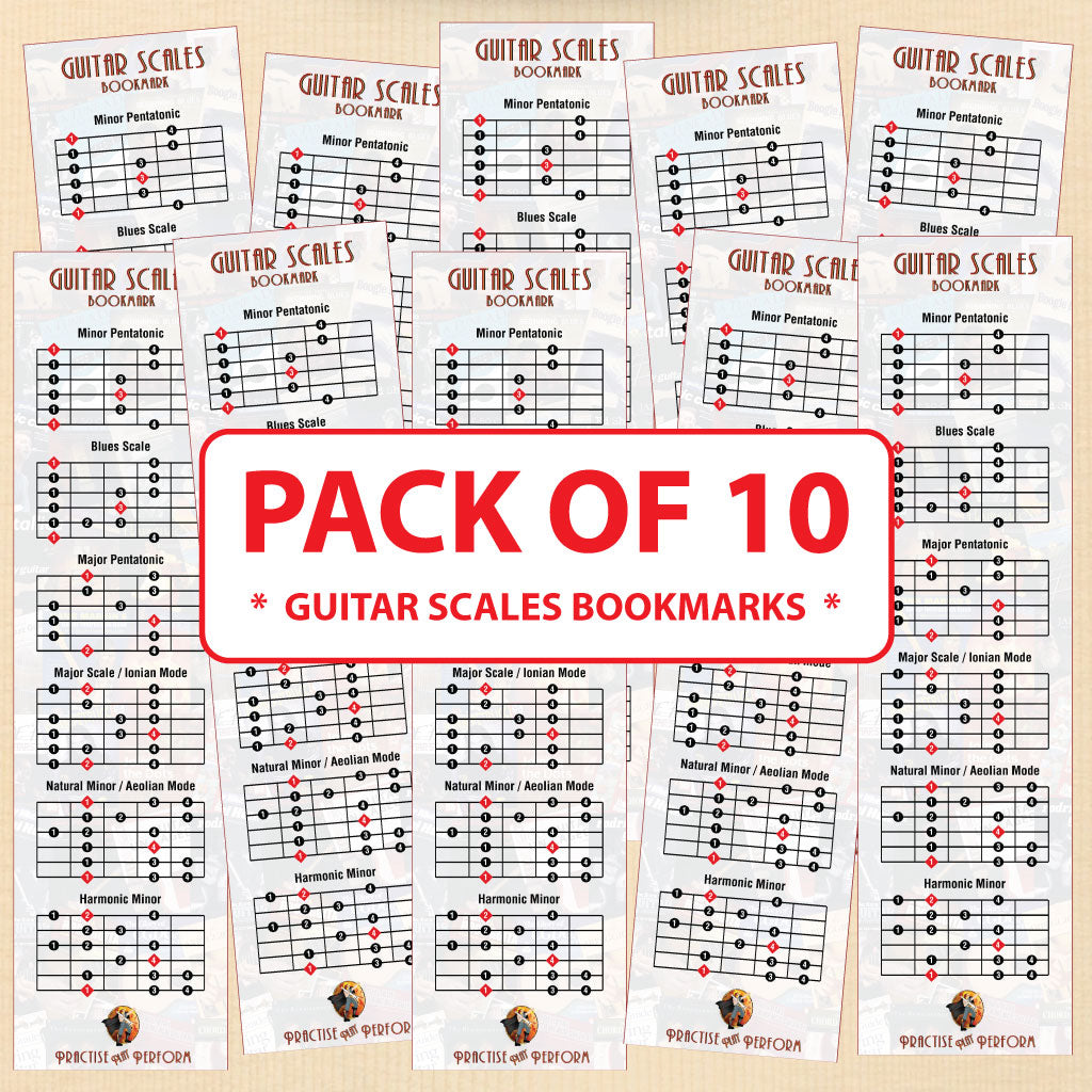 10 guitar scales bookmarks on a wood effect background