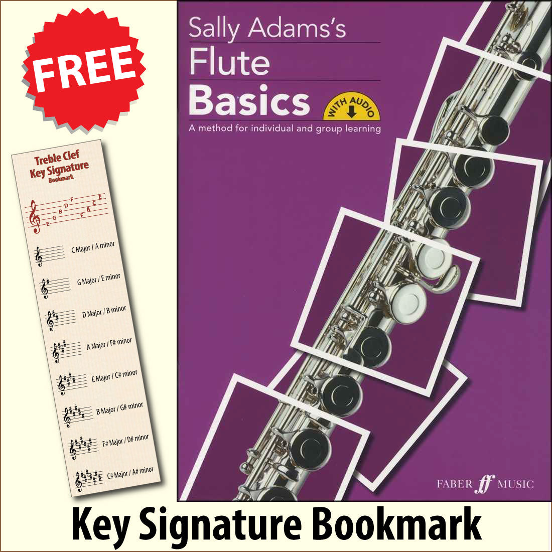 front cover of Sally Adams's Flute Basics together with free Treble Clef bookmark