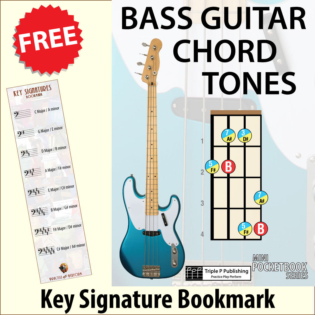 front cover of Bass Guitar Chord Tones Mini Pocketbook Series together with free Bass Glef bookmark