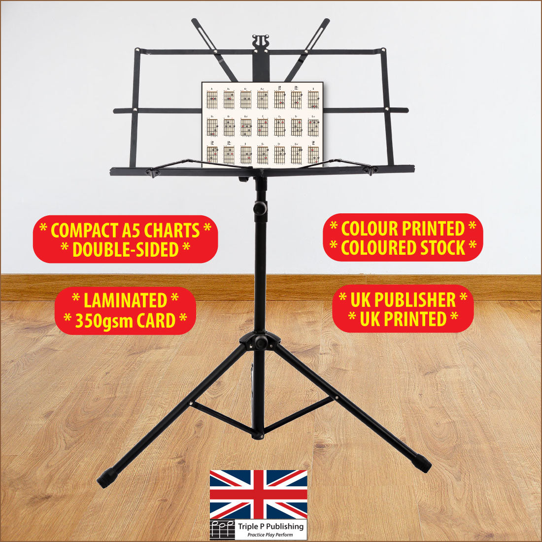 A guitar chord chart sitting on a music stand