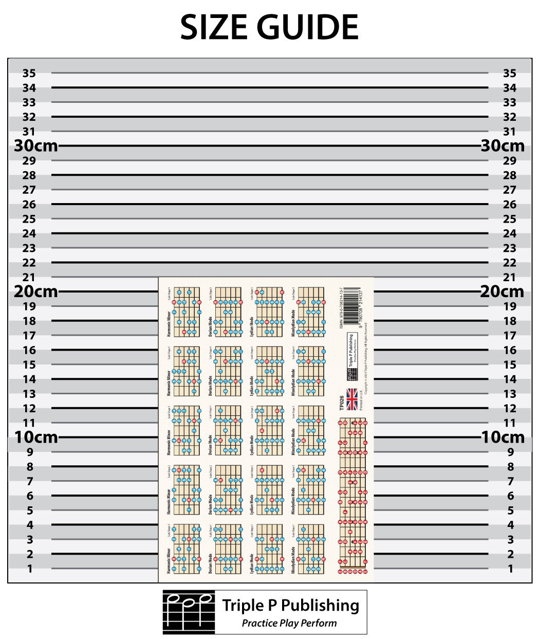 Guitar scale chart in front of a size guide