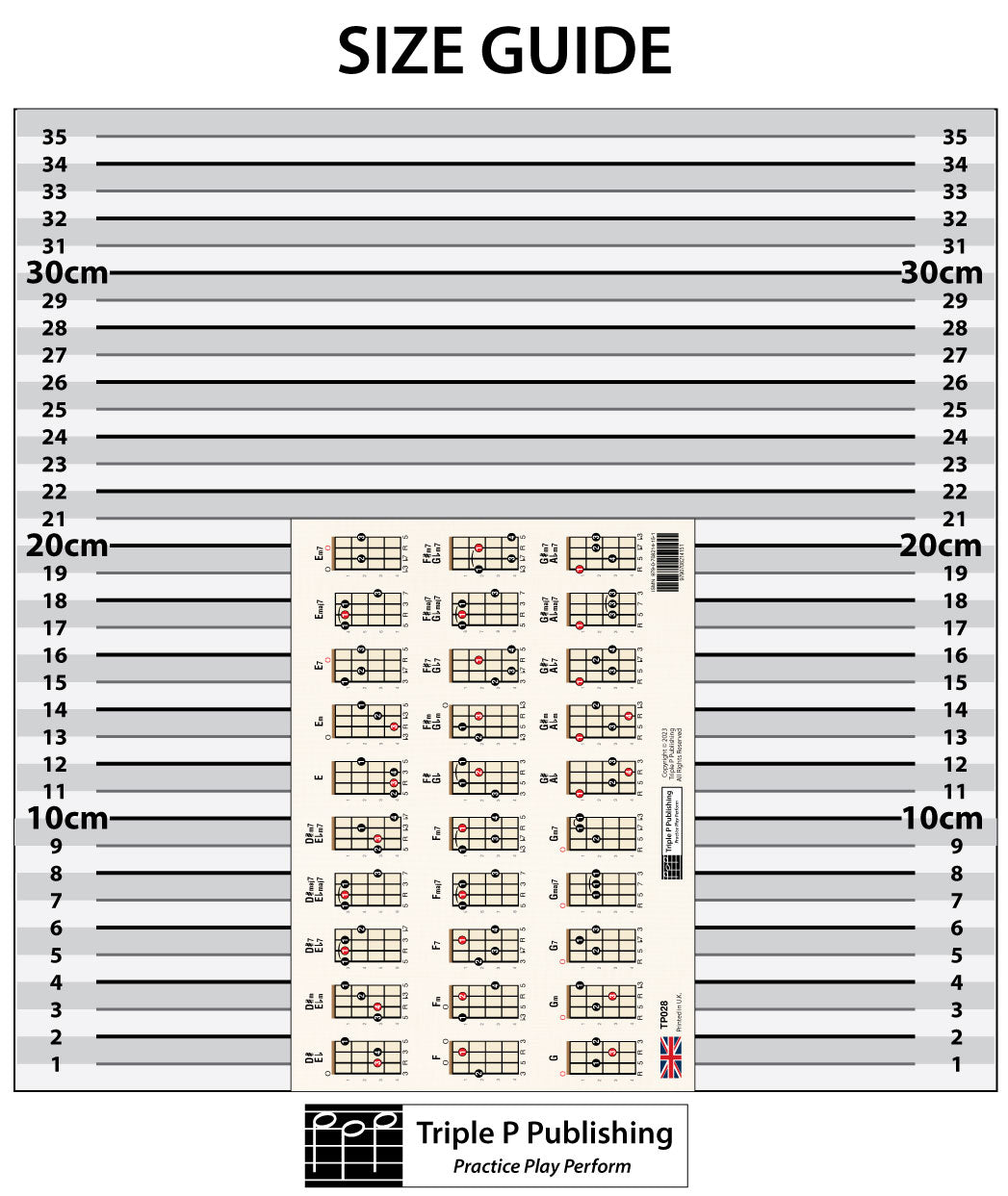 Ukulele chord chart in front of a size guide