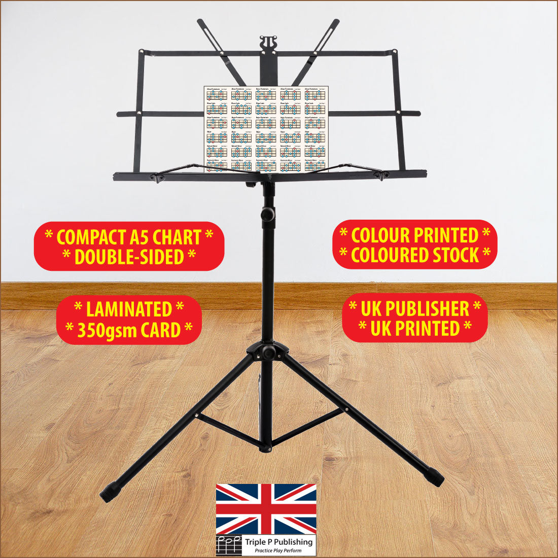 An ukulele scale chart sitting on a music stand