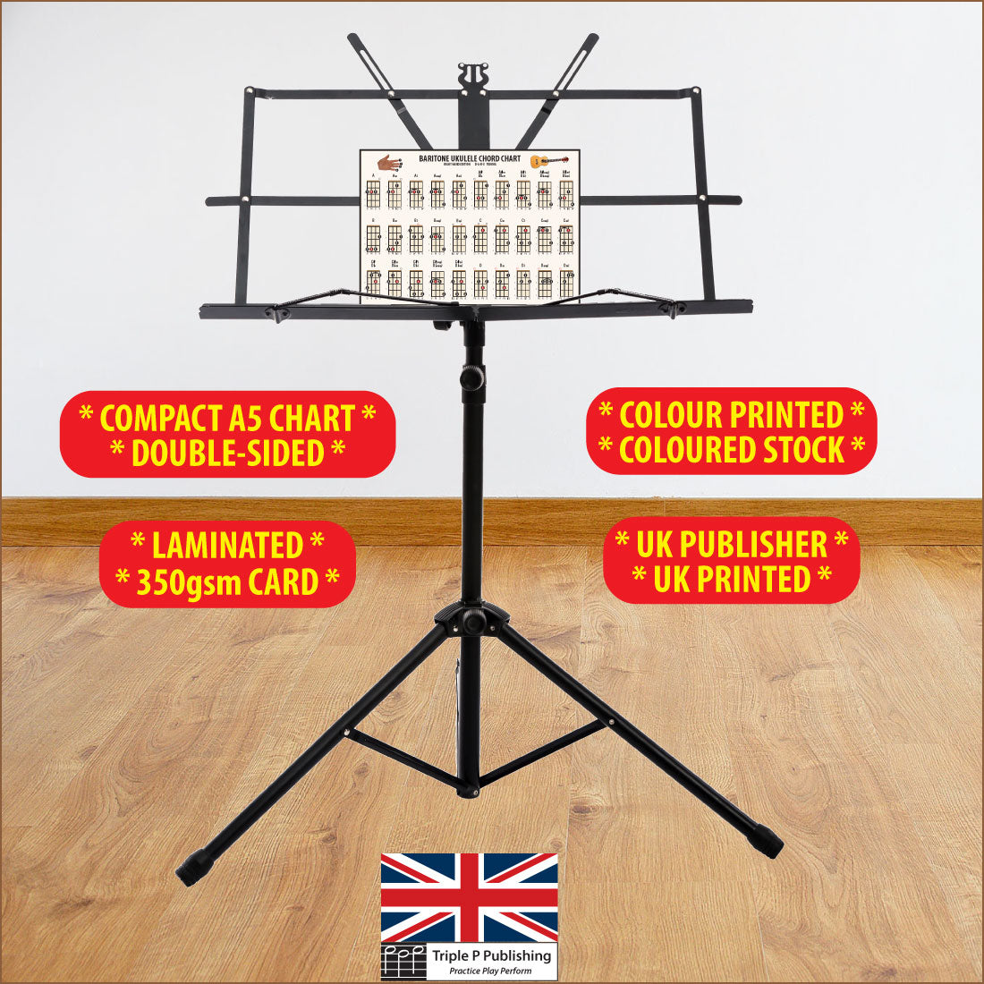 The chord chart sitting on a music stand