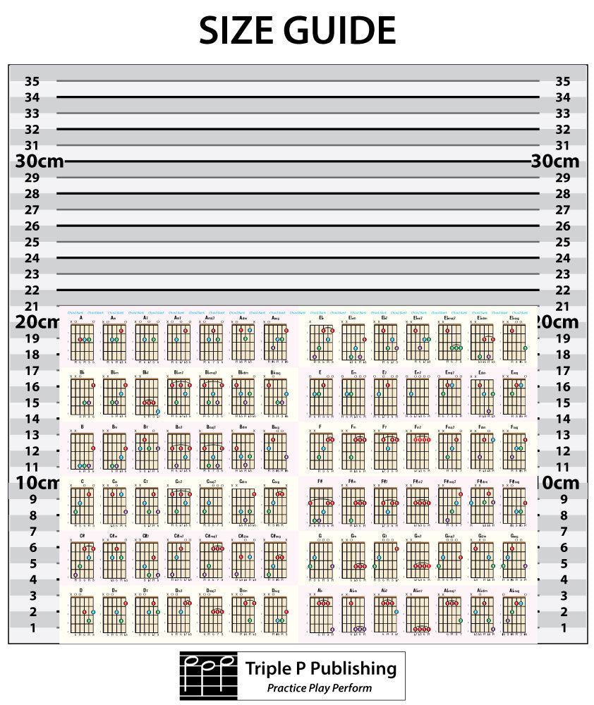 Guitar chord chart with a size guide background