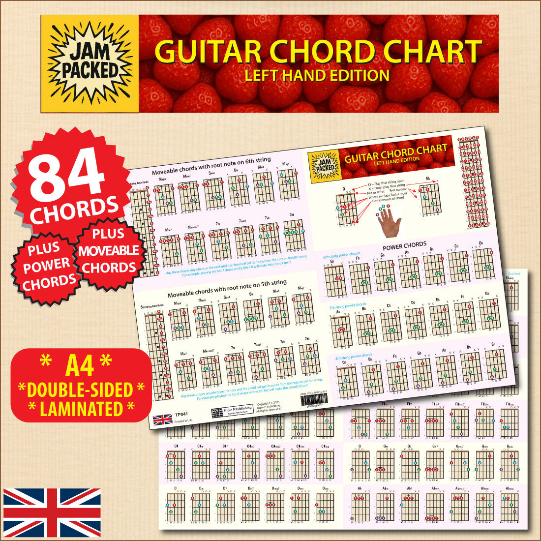 Item title with both sides of the chord chart, one overlapping the other, plus flashes for 84 chords, power chords, and moveable chords