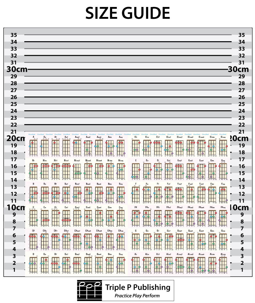 Jam Packed Ukulele Chord Chart against a size guide.