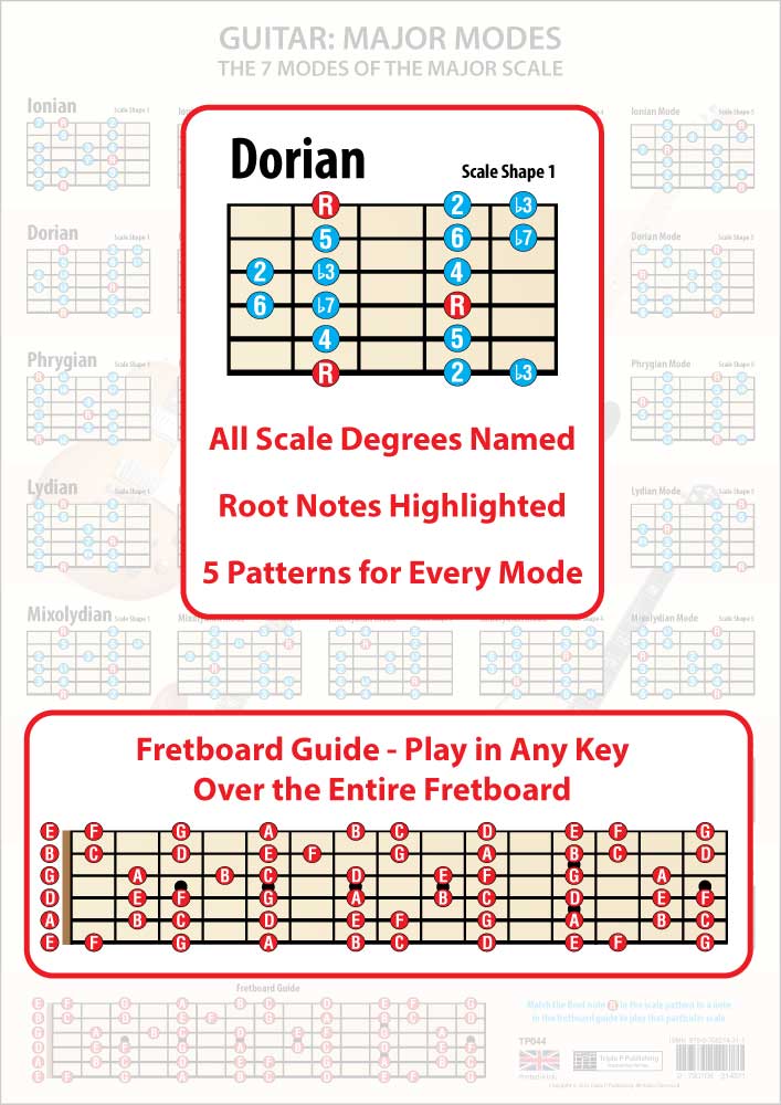The poster faded in the background, the foreground having an enlarged scale shape showing all the scale degrees and the Root notes in a different colour, plus an enlarged Fretboard Guide