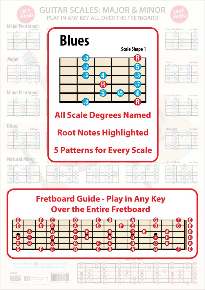The poster faded in the background, the foreground having an enlarged scale shape showing all the scale degrees and the Root notes in a different colour, plus an enlarged Fretboard Guide