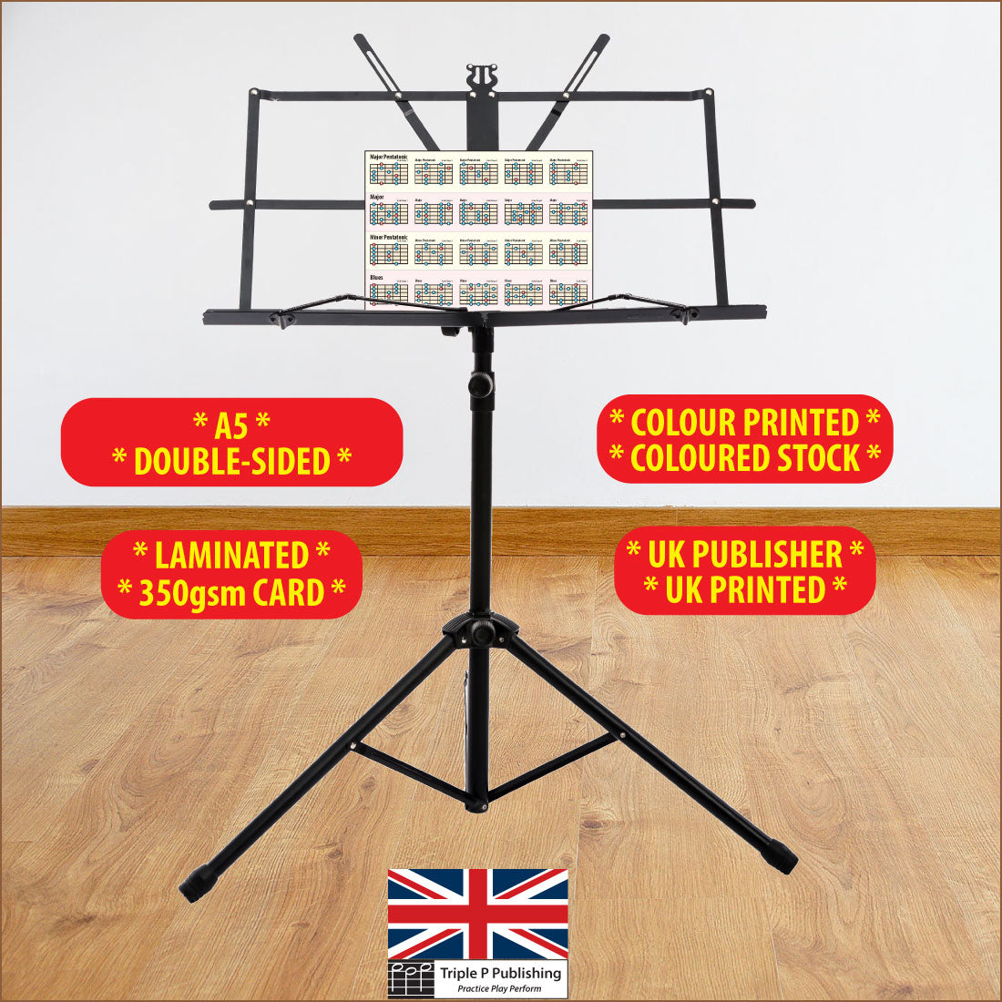 Image of the chart sitting on a music stand, highlighting features A5 double sided, Laminated, 350gsm stock, UK publisher, UK printed