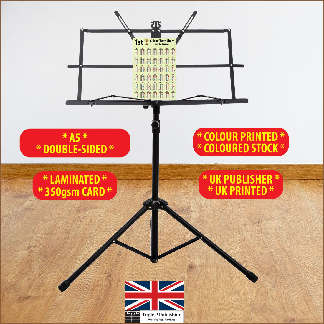 Chord chart sitting on a music stand with specifications highlighted, like 350gsm card, double sided, etc