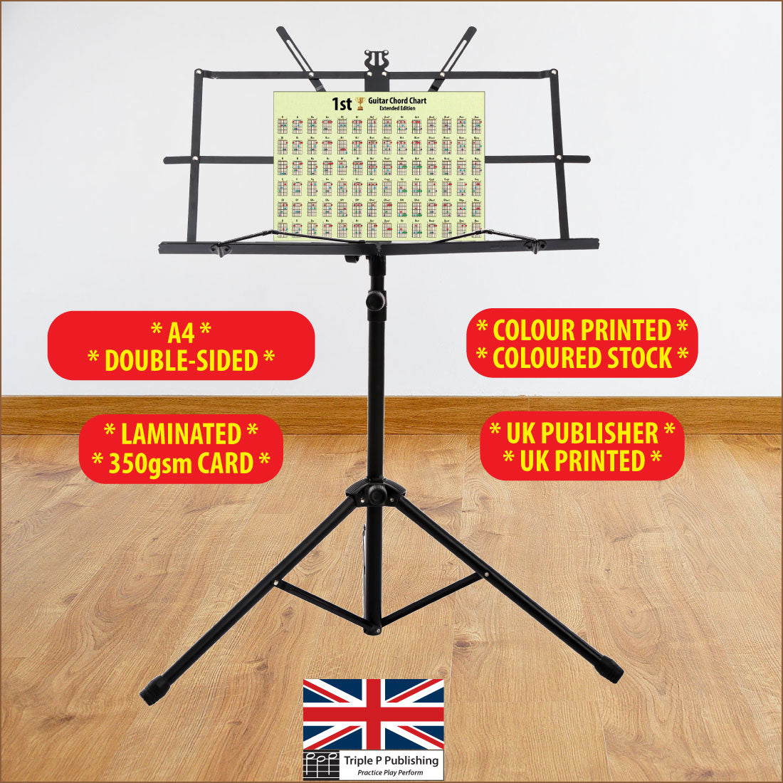 Chord chart sitting on a music stand with specifications highlighted, like 350gsm card, double sided, etc