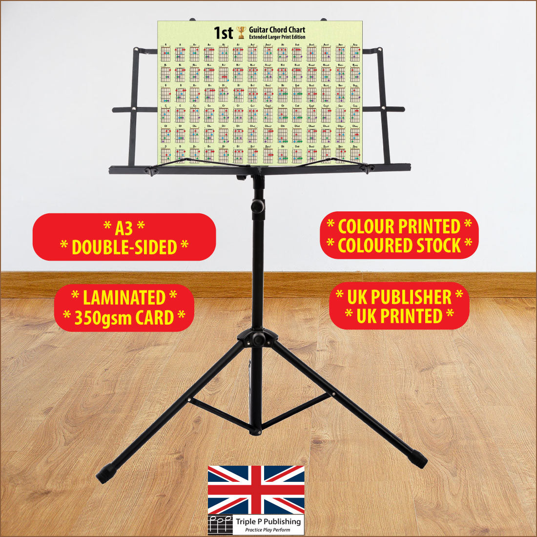 Chord chart sitting on a music stand with specifications highlighted, like 350gsm card, double sided, etc