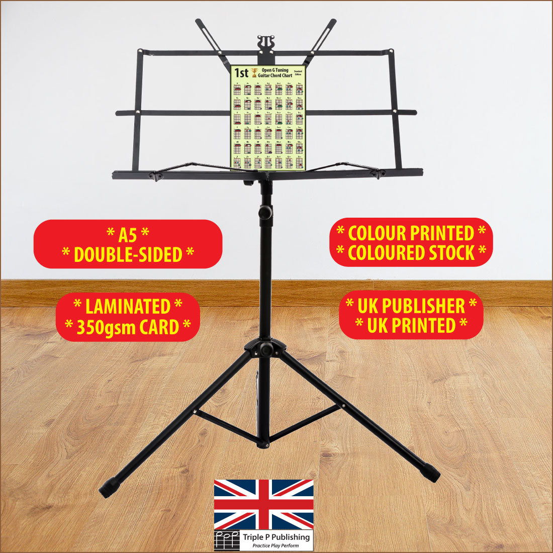 Chord chart sitting on a music stand with specifications highlighted, like 350gsm card, double sided, etc