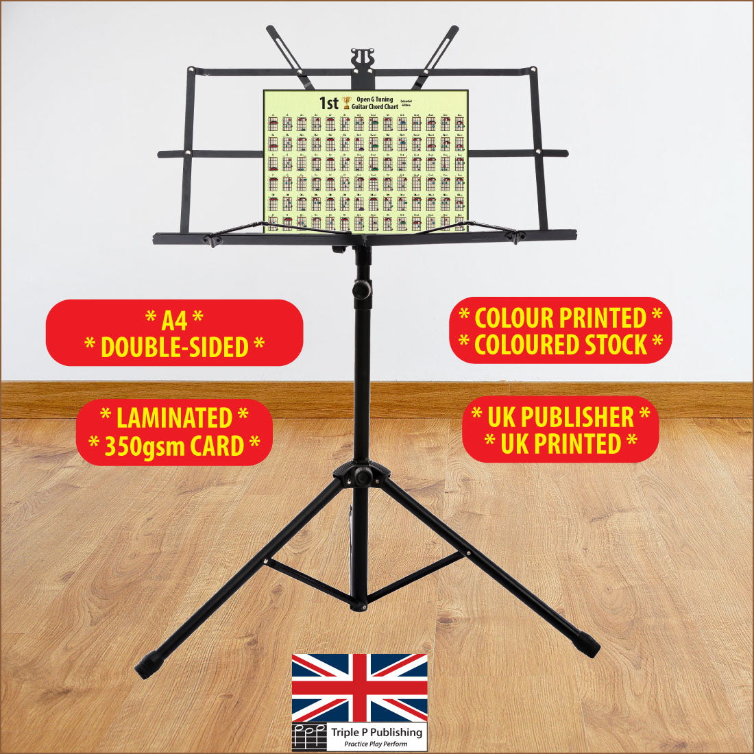 Chord chart sitting on a music stand with specifications highlighted, like 350gsm card, double sided, etc