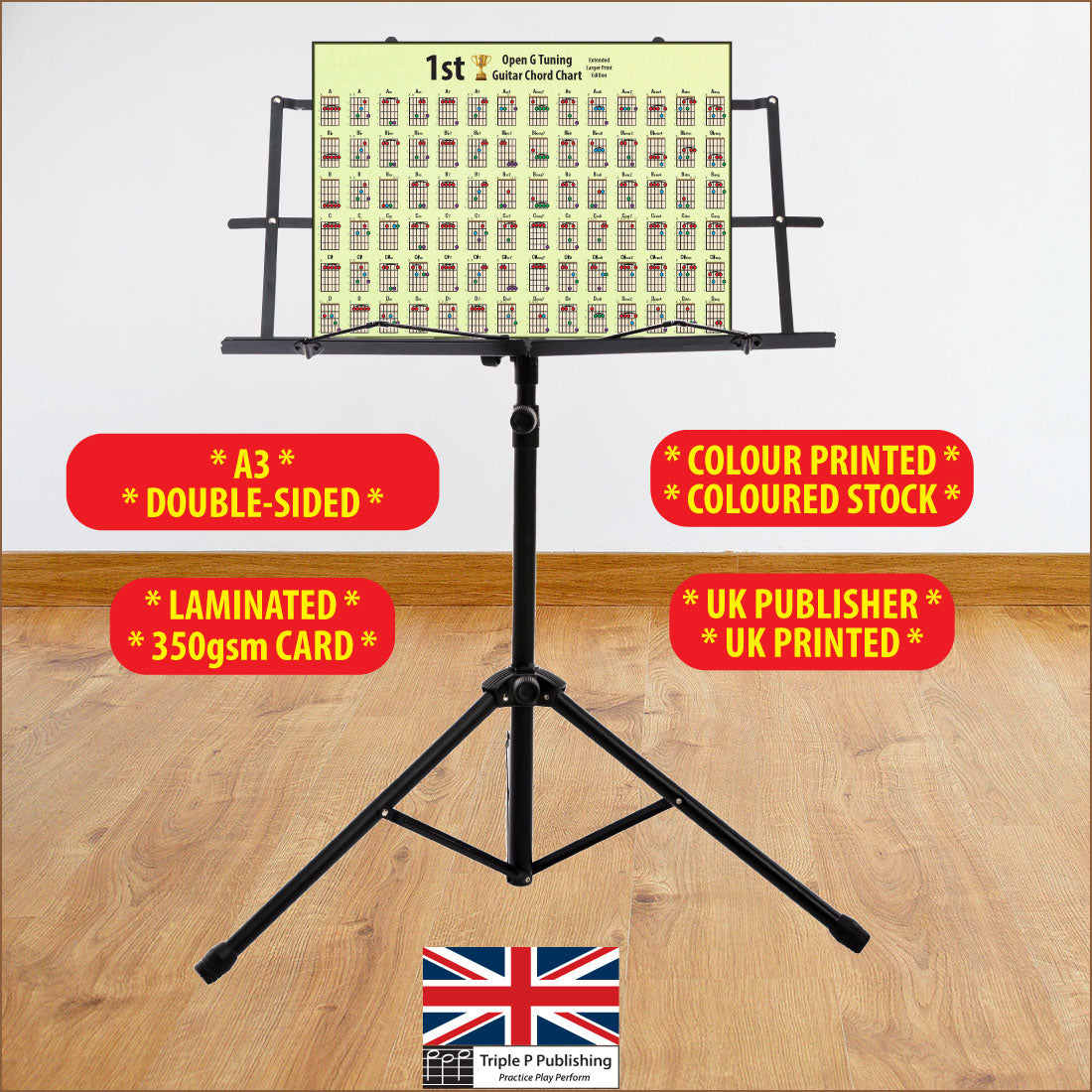 Chord chart sitting on a music stand with specifications highlighted, like 350gsm card, double sided, etc