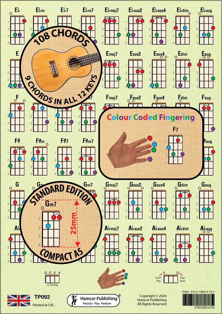 Reverse side of chord chart showing another 6 rows of 9 chords