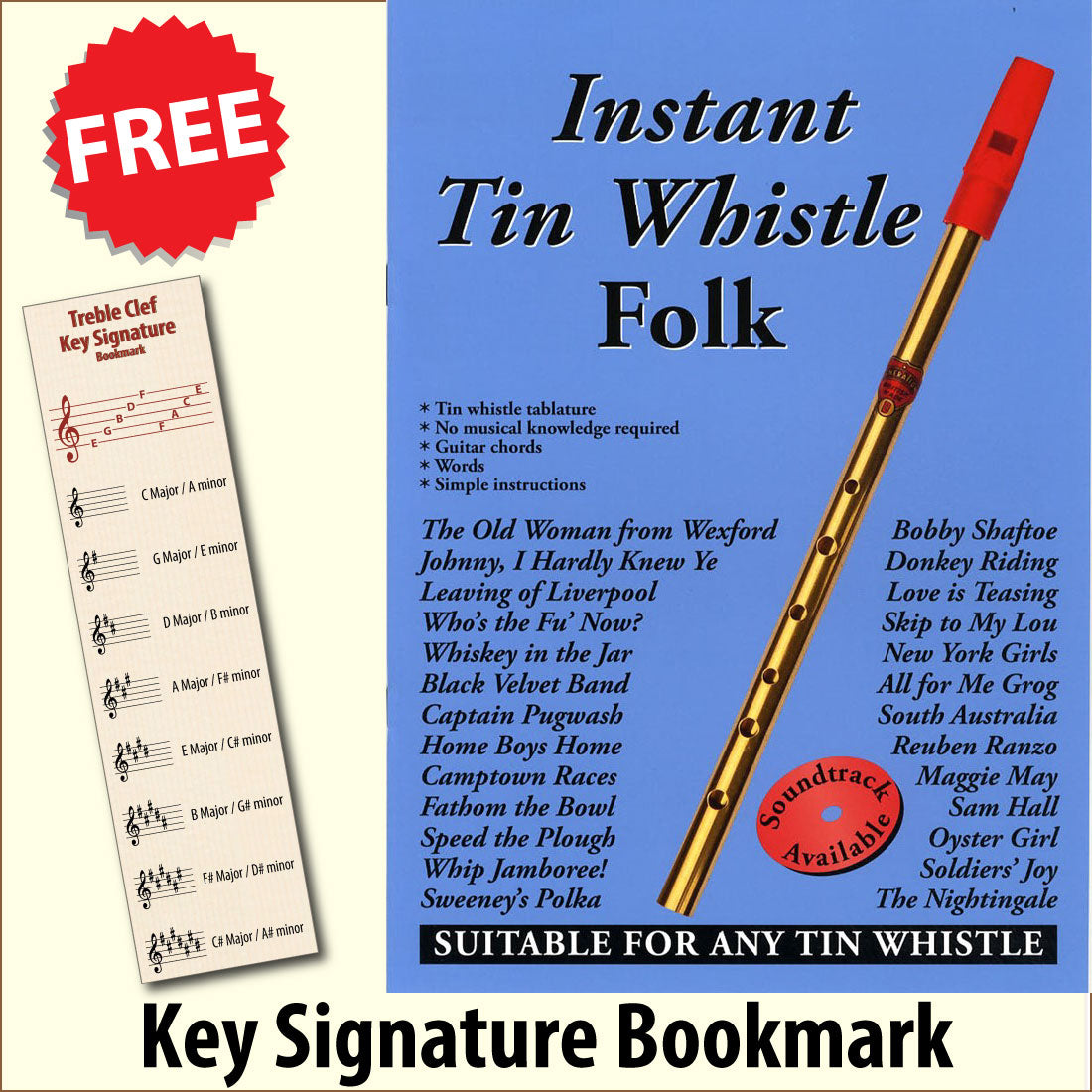 front cover of Instant Tin Whistle Folk Book Only together with free Treble Clef bookmark