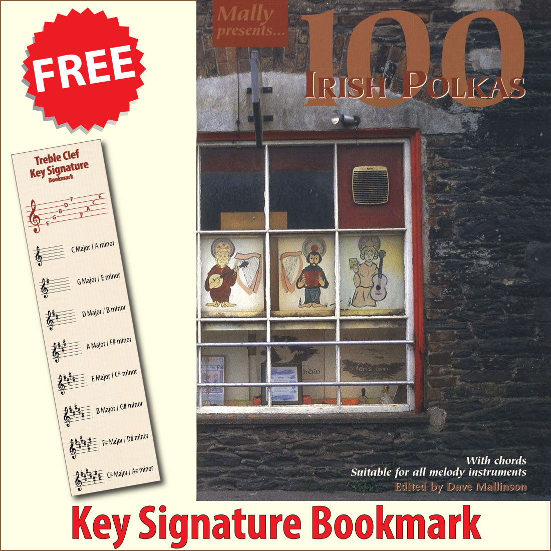 front cover of 100 Irish Polkas Music Book together with free Treble Clef bookmark