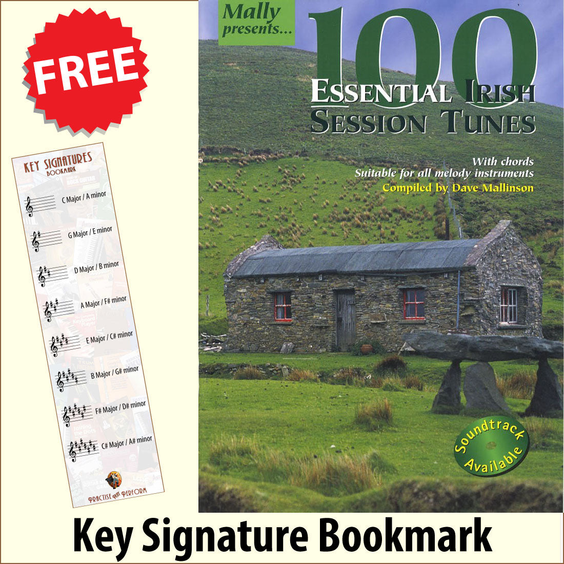 front cover of 100 Essential Irish Session Tunes Music Book together with free Treble Clef bookmark