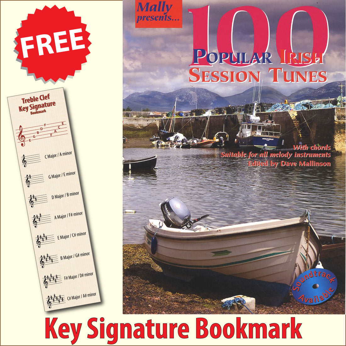 front cover of 100 Popular Irish Session Tunes Music Book together with free Treble Clef bookmark
