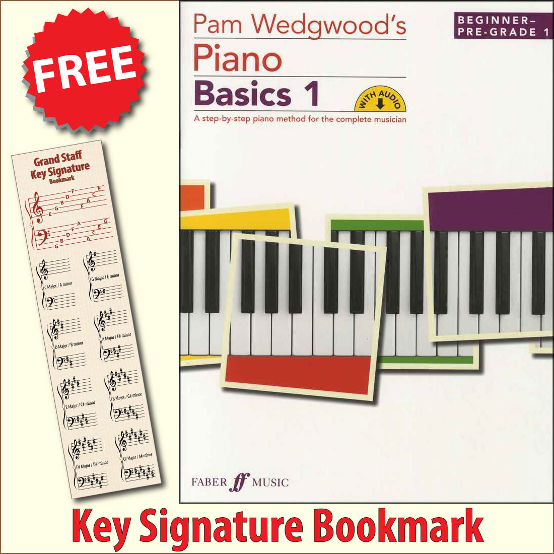 front cover of Pam Wedgwood's Piano Basics 1 Book/Audio together with free Grand Staff bookmark