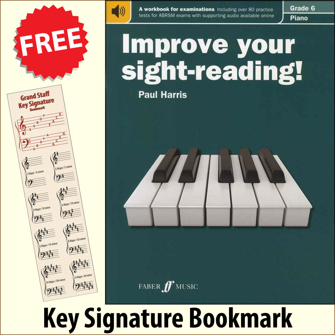 front cover of Improve Your Sight-Reading Piano Grade 6 together with free Piano Clef bookmark
