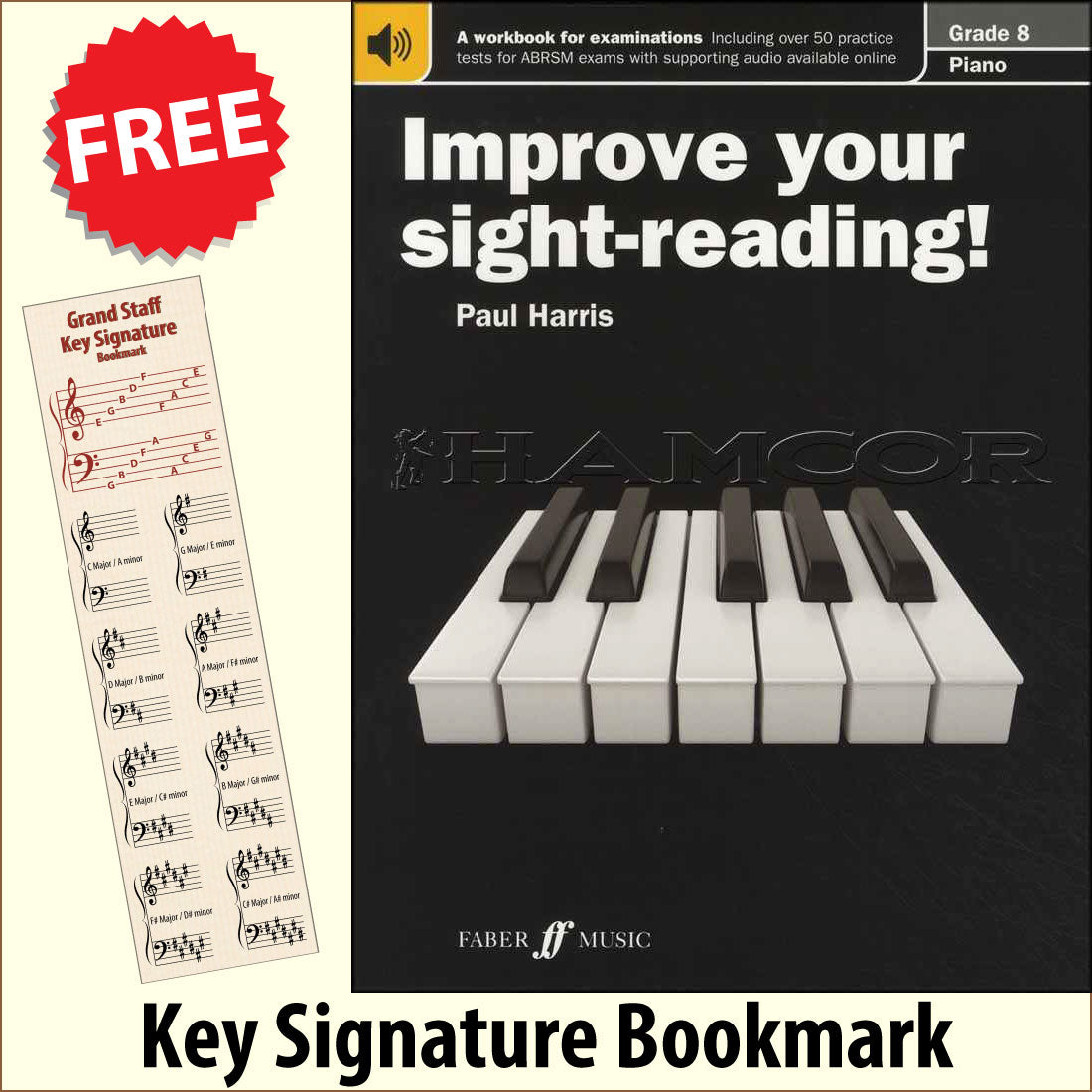 front cover of Improve Your Sight-Reading Piano Grade 8 together with free Piano Clef bookmark