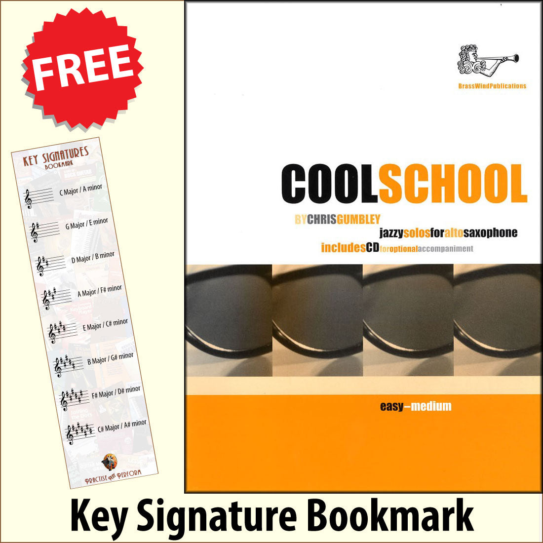front cover of Cool School for Alto Saxophone Book/CD by Chris Gumbley together with free Treble Clef bookmark