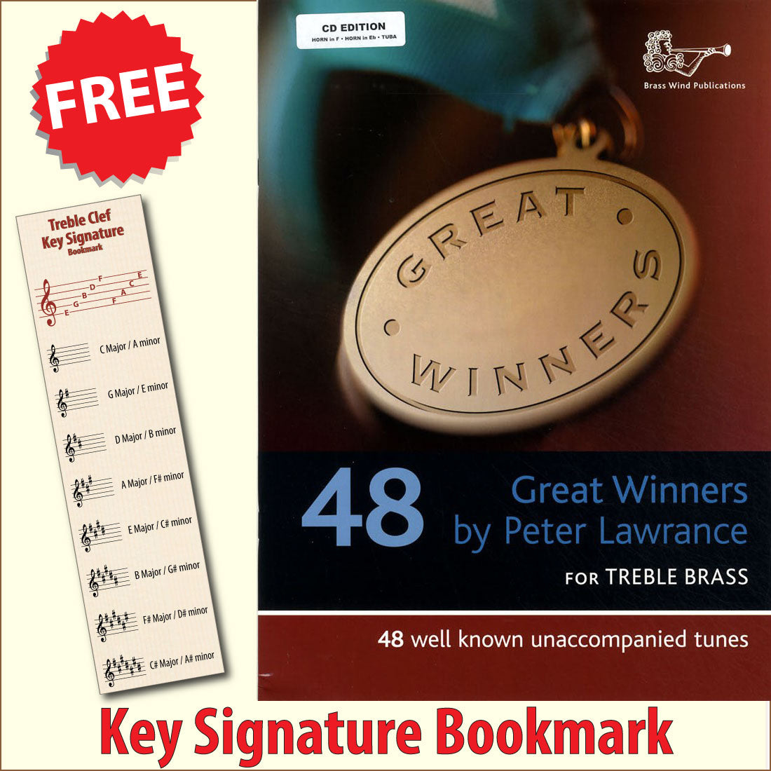 front cover of Great Winners for Horn in F Horn in Eb Tuba Book/CD together with free Treble Clef bookmark