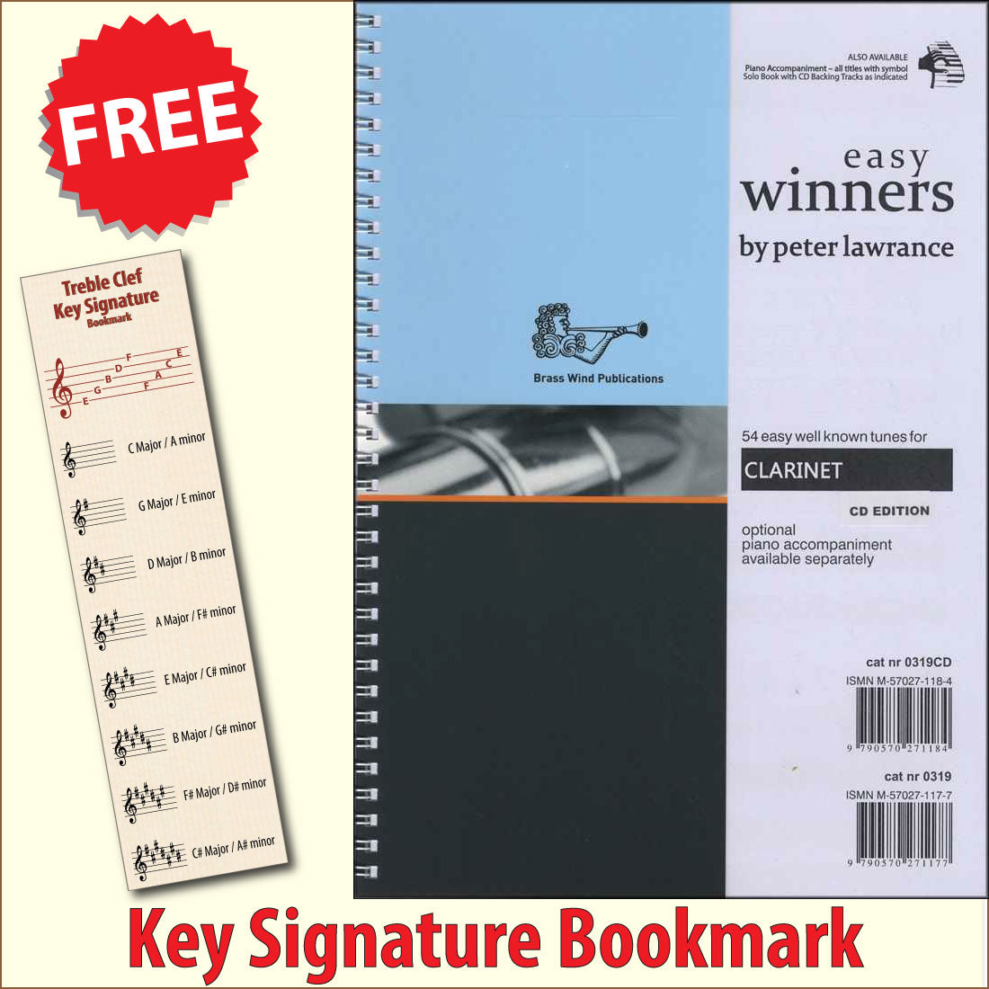 front cover of Easy Winners for Clarinet Book/CD together with free Treble Clef bookmark