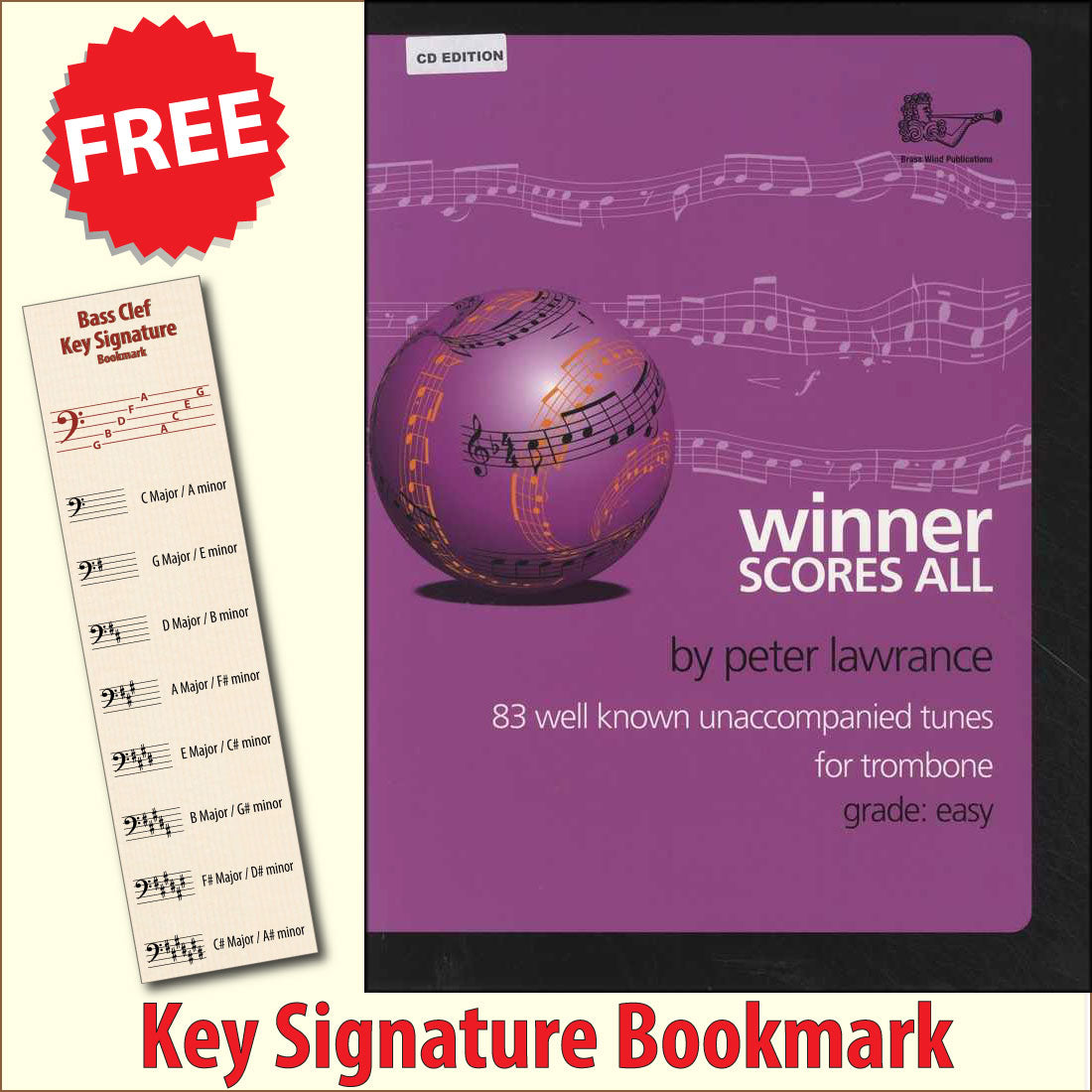 front cover of Winner Scores All Trombone Bass Clef Book/CD together with free Bass Glef bookmark