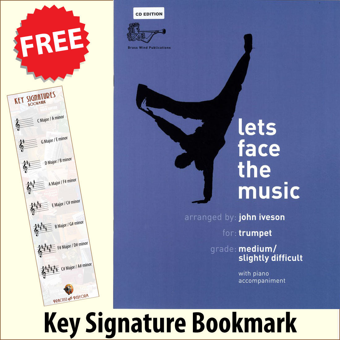 front cover of Lets Face the Music for Trumpet Book/CD together with free Treble Clef bookmark