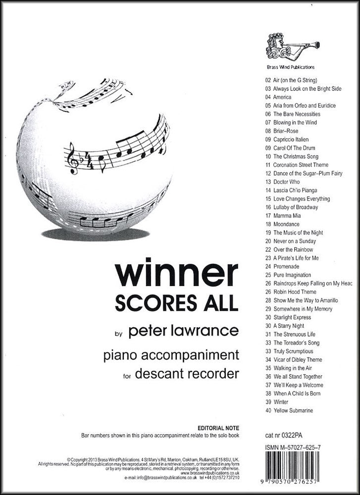 front cover of Winner Scores All Piano Accompaniment for Descant Recorder