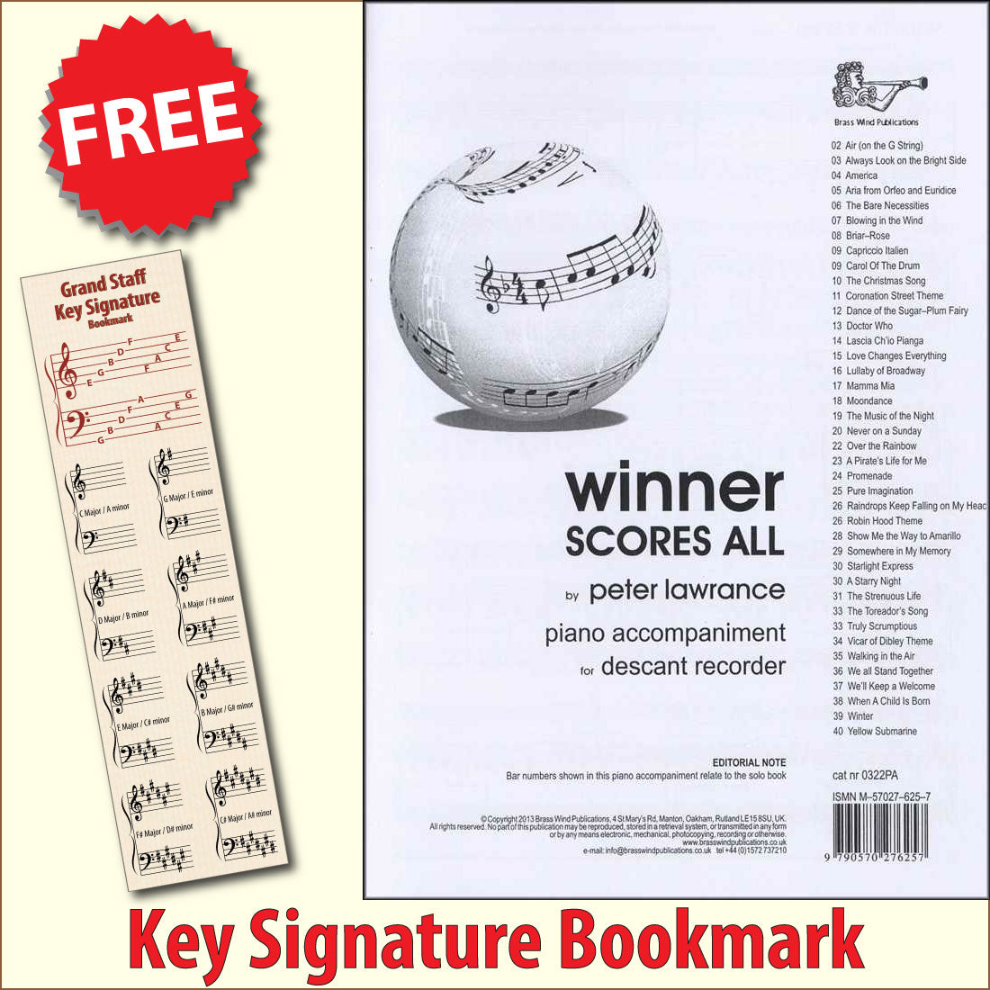 front cover of Winner Scores All Piano Accompaniment for Descant Recorder together with free Grand Staff bookmark