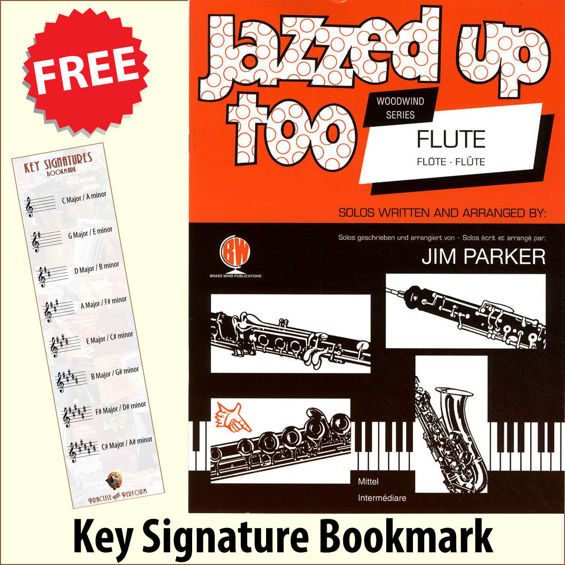 front cover of Jazzed Up Too for Flute by Jim Parker together with free Treble Clef bookmark