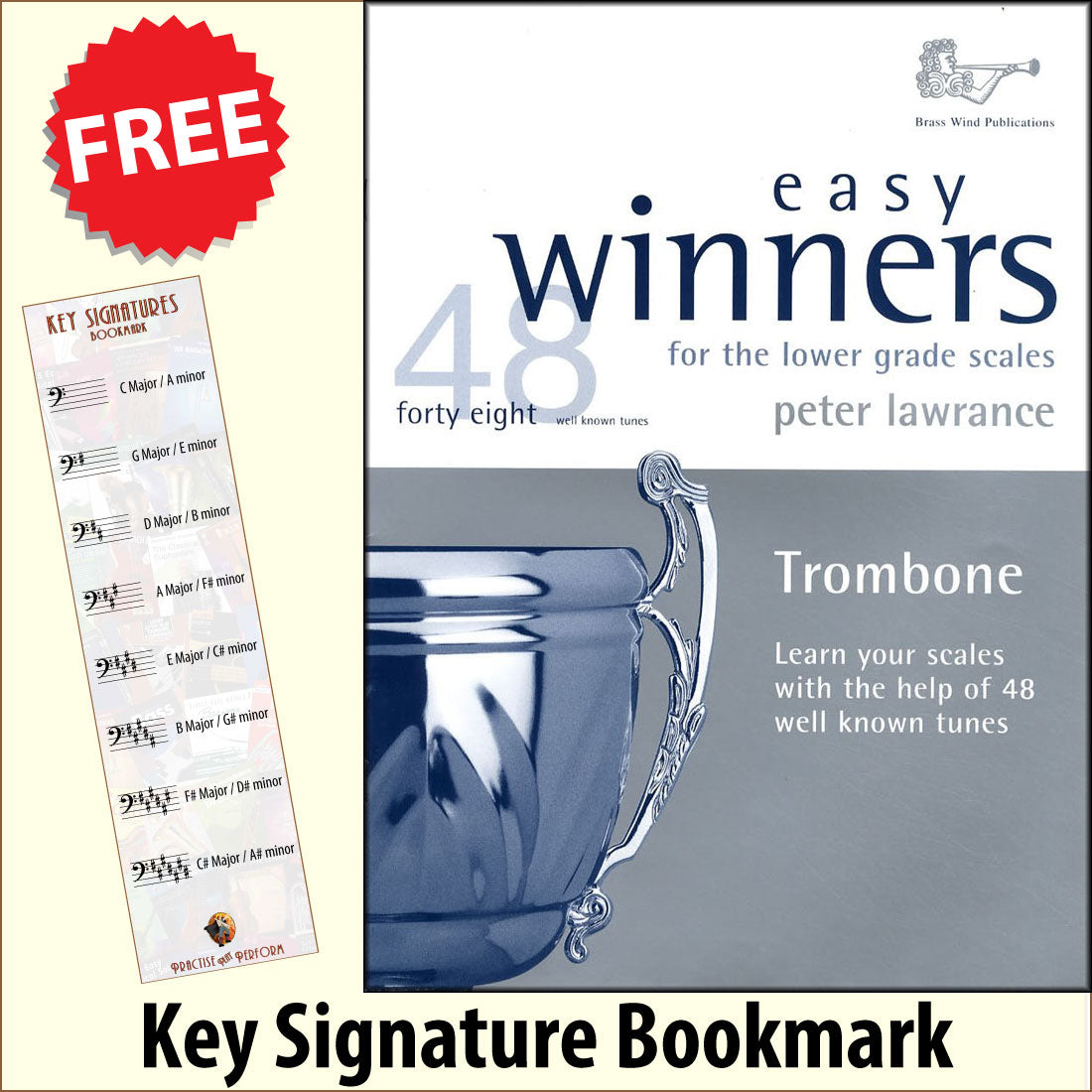 front cover of Easy Winners for Trombone Lower Grade Scales together with free Bass Glef bookmark
