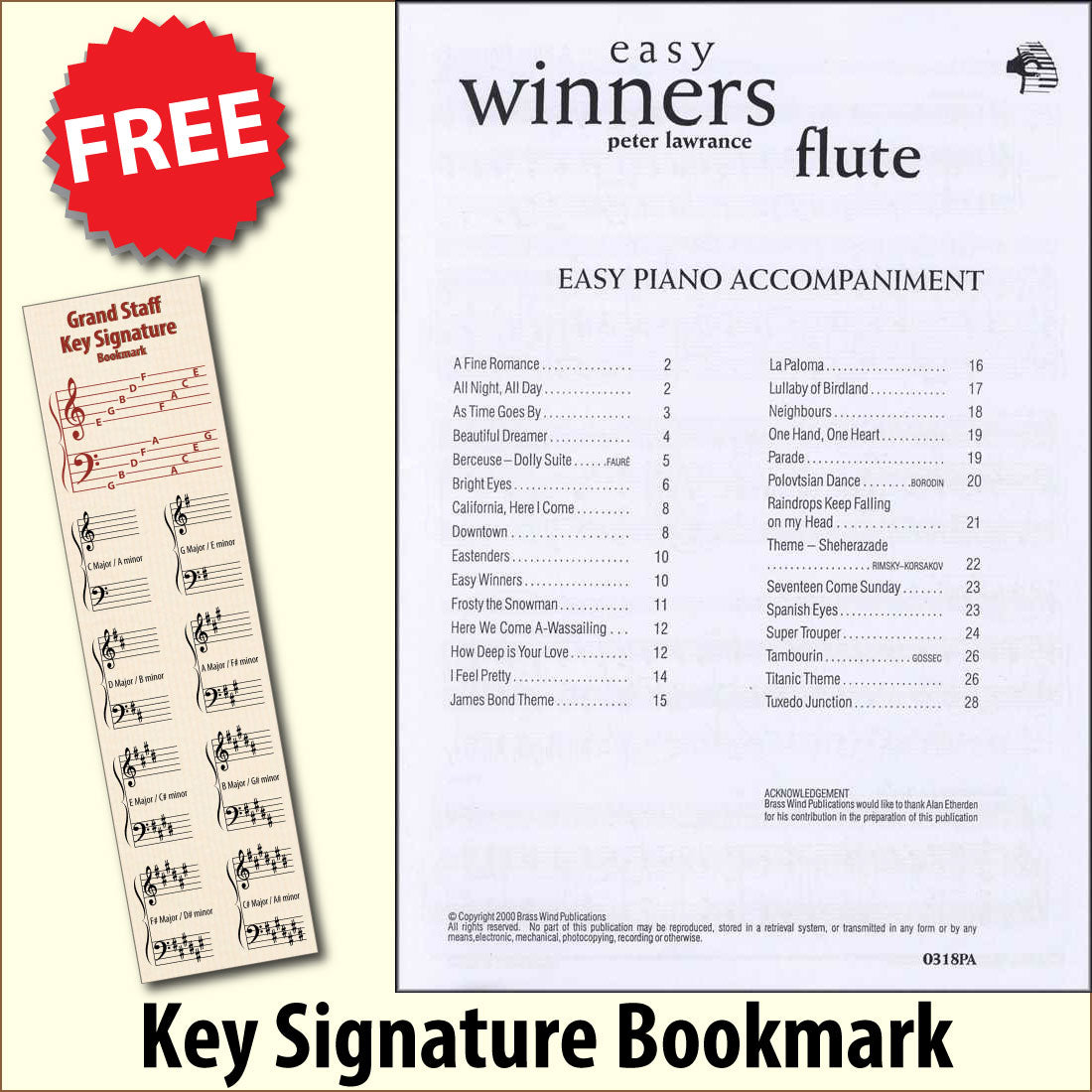 front cover of Easy Winners Piano Accompaniment for Flute together with free Grand Staff bookmark