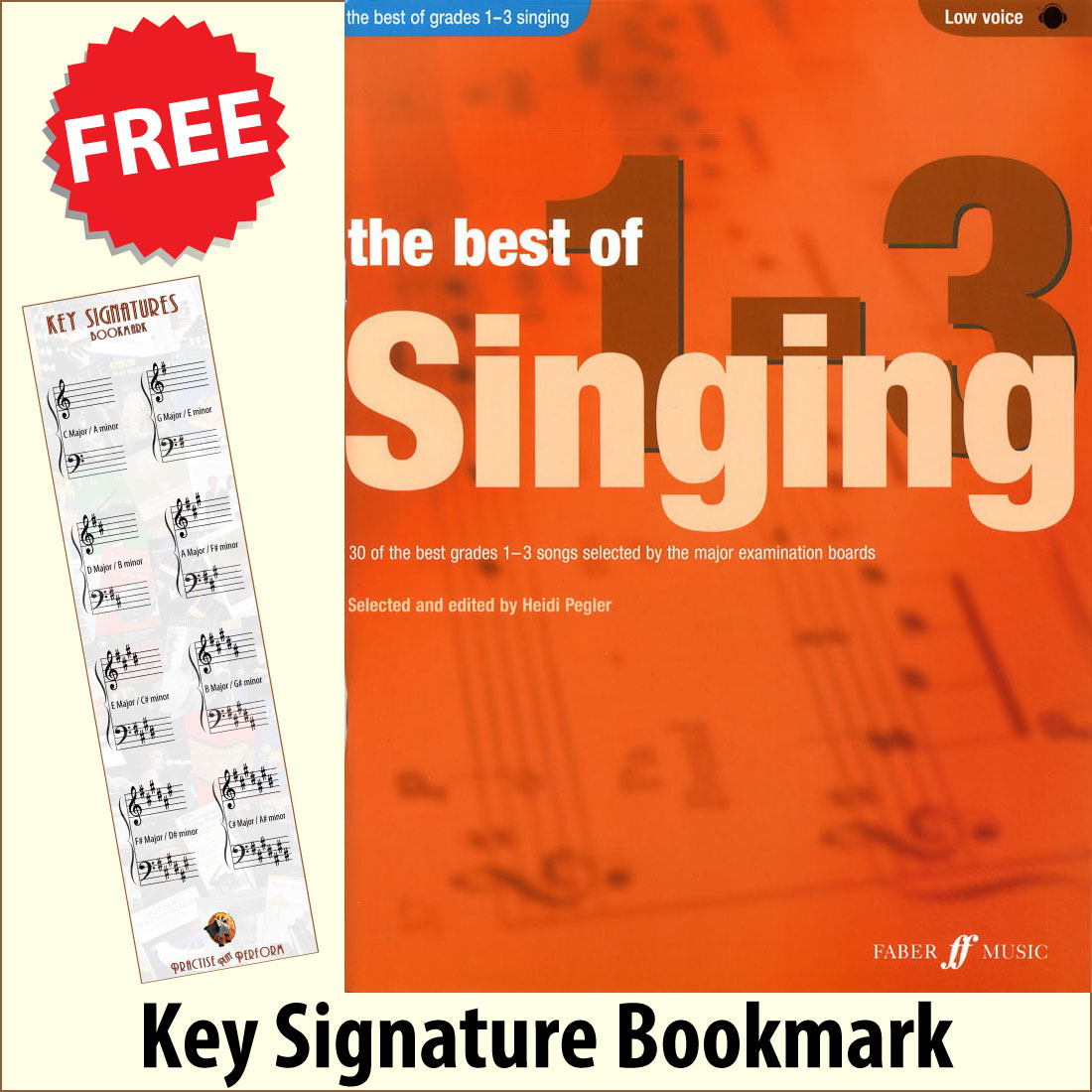 front cover of The Best of Grades 1-3 Singing Low Voice Book/Audio by Heidi Pegler together with free Grand Staff bookmark