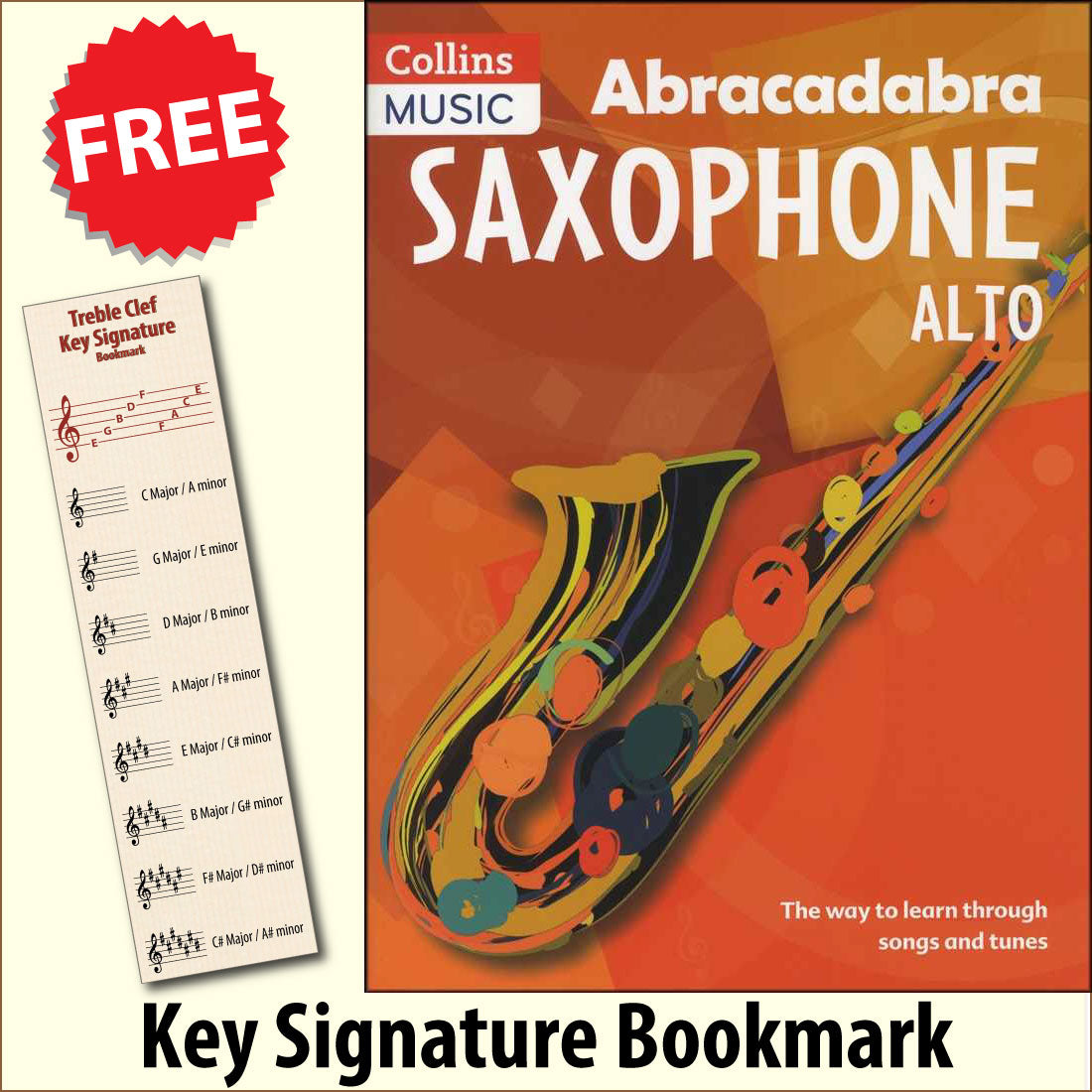 front cover of Abracadabra Saxophone together with free Treble Clef bookmark