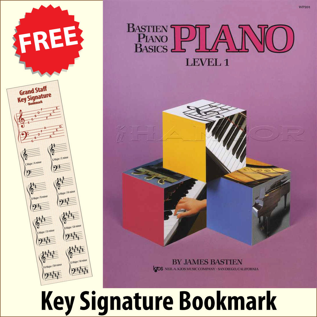 front cover of Bastien Piano Basics Piano Level 1 together with free Piano Clef bookmark