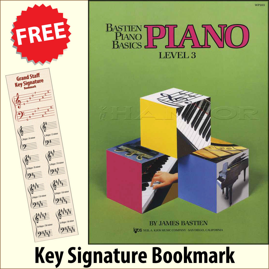 front cover of Bastien Piano Basics Piano Level 3 together with free Piano Clef bookmark