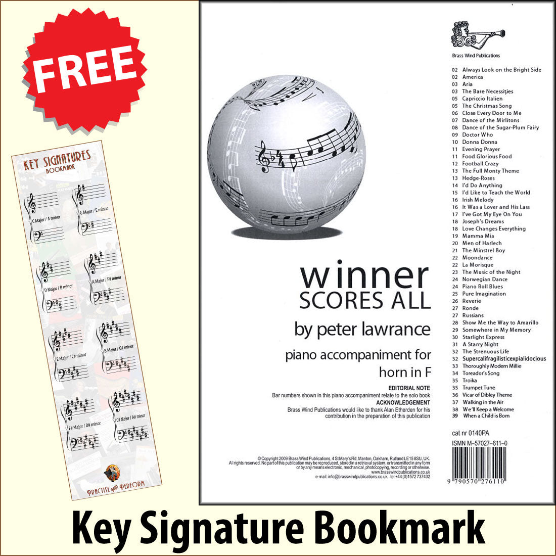 front cover of Winner Scores All Piano Accompaniment for F Horn together with free Piano Clef bookmark