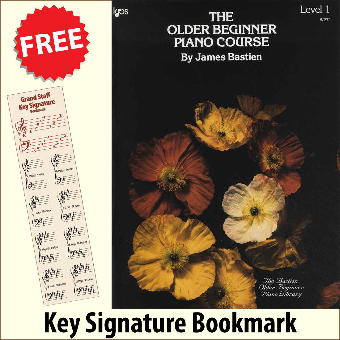 front cover of The Older Beginner Piano Course Level 1 together with free Piano Clef bookmark